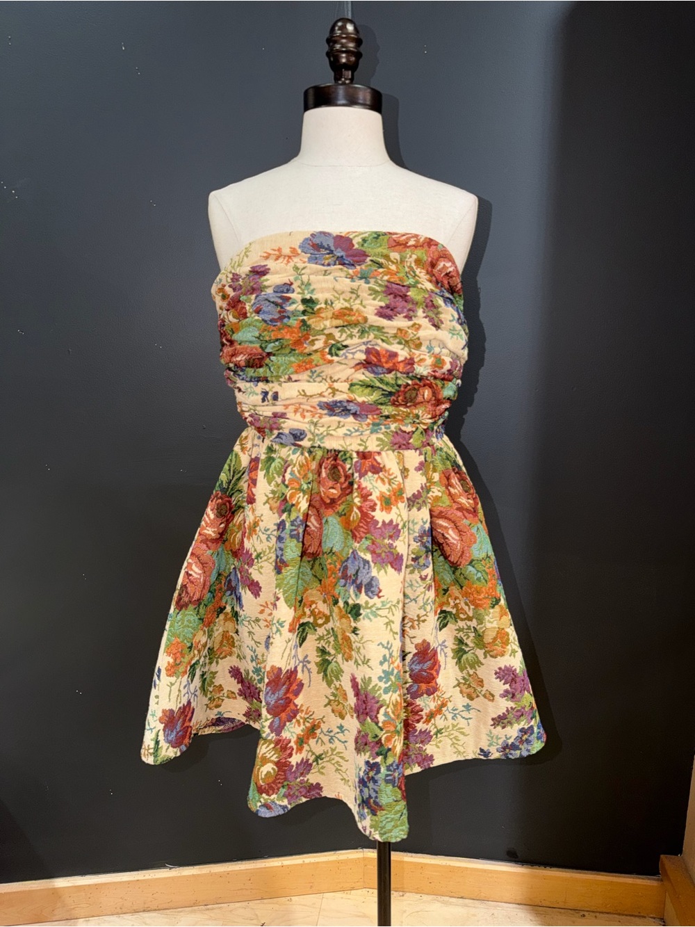 Floral Strapless Dress in Cream with Multicolor Blooms